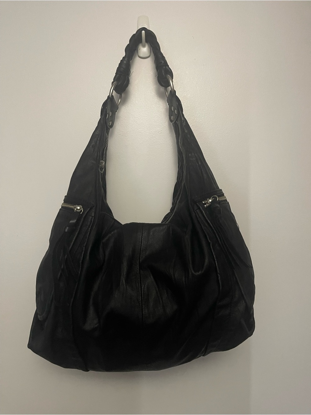 BCBGMaxAzria Black Leather Braided-Handle Hobo purse